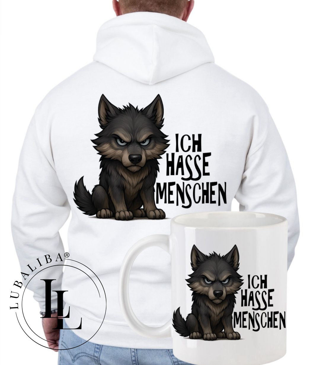 Hoodie Weiß + TASSE " Wolf IHM" ArtNr.: BBF